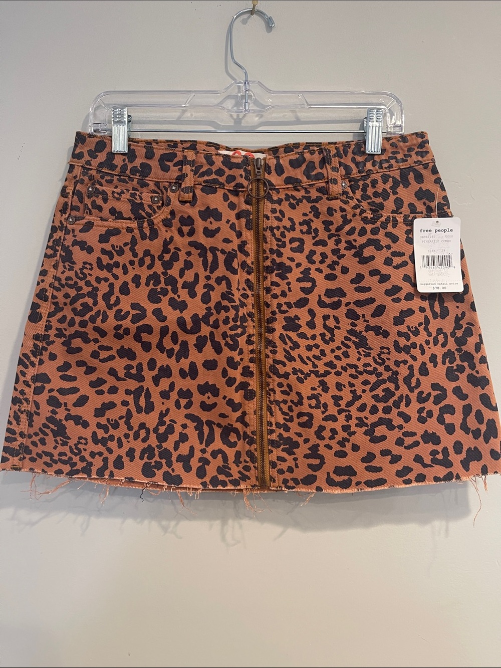 NWT Free People Leopard Zip-Front Mini Skirt in Pineapple Combo Size 29